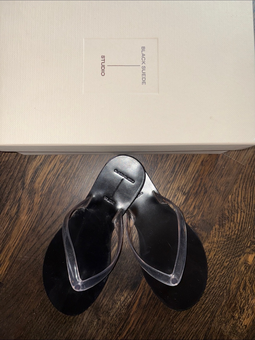 Black Suede Studio Clear-Strap Black Sandals